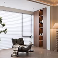 Cozy Home Balcony Design with Window Blinds Dark Leather Armchair Potted Plant and Wooden Shelf