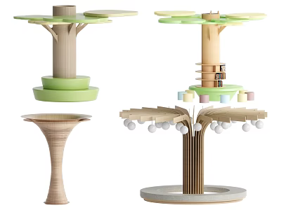 Decorative Wooden Pillars with Various Layered Green Platforms and Hanging Ball Decorations 3d model