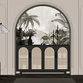 Black Rattan Doors Entryway Console Cabinet With Decorative Plants Vase Sculpture Arched Wall Background