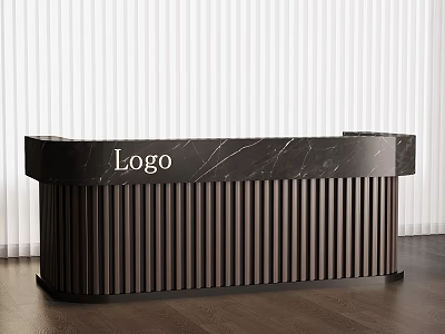 Modern Reception Desk With Black Marble Countertop Logo Vertical Slat Design And White Blinds 3d model