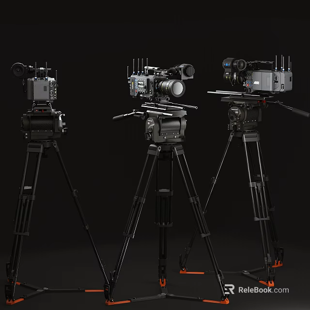 Three High Quality Professional Digital Cameras with Tripods Studio Setup 3d model 