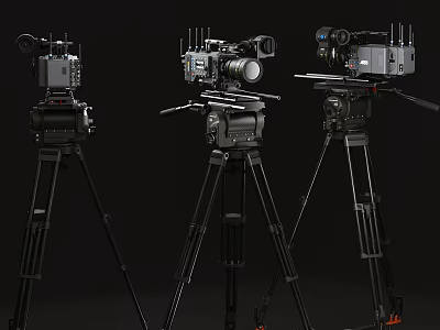 Three High Quality Professional Digital Cameras with Tripods Studio Setup 3d model