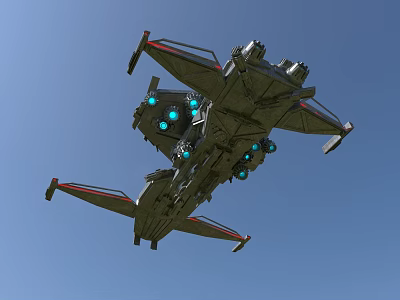 Futuristic Sci Fi Aircraft With Blue Lights Gray Body And Red Striped Wings 3d model