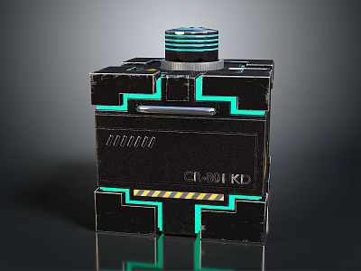 Futuristic Tech Device With Green Glowing Lines Top Circular Knob And Warning Stripes 3d model