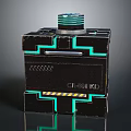 Futuristic Tech Device With Green Glowing Lines Top Circular Knob And Warning Stripes