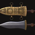 Ancient Dagger Sharp Blade With Ornate Gold Carved Sheath Ring And Red Handle 3d model