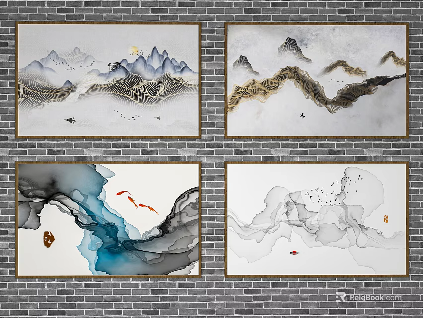 Chinese Ink Paintings Wall Decor With Mountain Cloud Patterns On Brick Wall 3d model