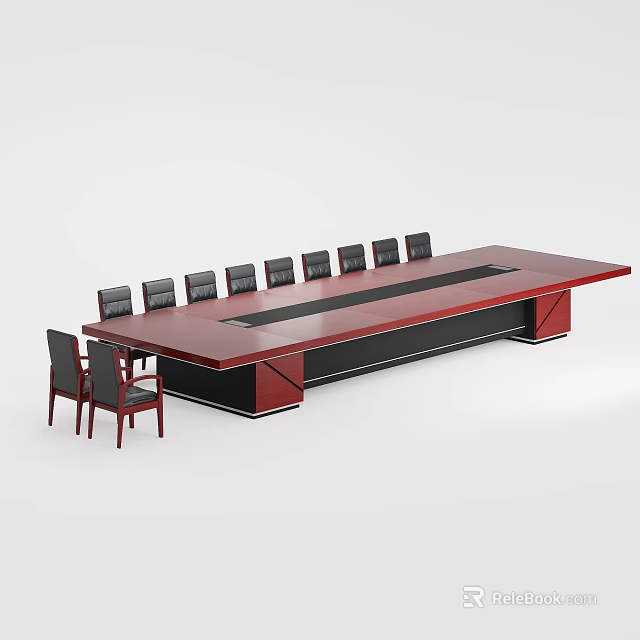 Modern Dark Wood Conference Table With Central Black Strip And Black Leather Chairs 3d model 