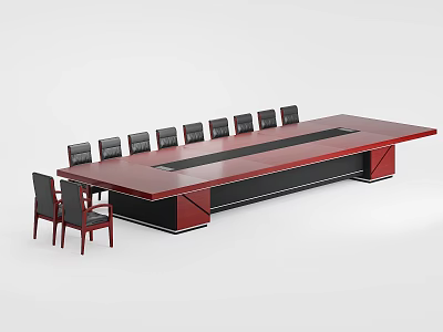 Modern Dark Wood Conference Table With Central Black Strip And Black Leather Chairs 3d model