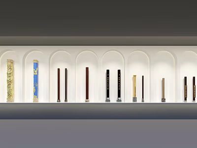 Columns on Display Shelf with Various Colors Different Materials and Arched White Wall 3d model
