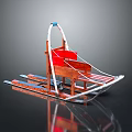 Traditional Wooden Sled With Red Seat White Ropes And Blue Skis