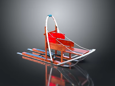 Traditional Wooden Sled With Red Seat White Ropes And Blue Skis 3d model