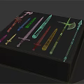 Various Medieval Weapons Displayed on Black Platform with Swords Axes and Spears