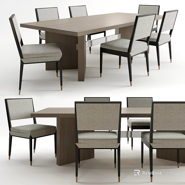 Modern Dining Table And Chairs Set With Wooden Top And Upholstered Seats 3d model 