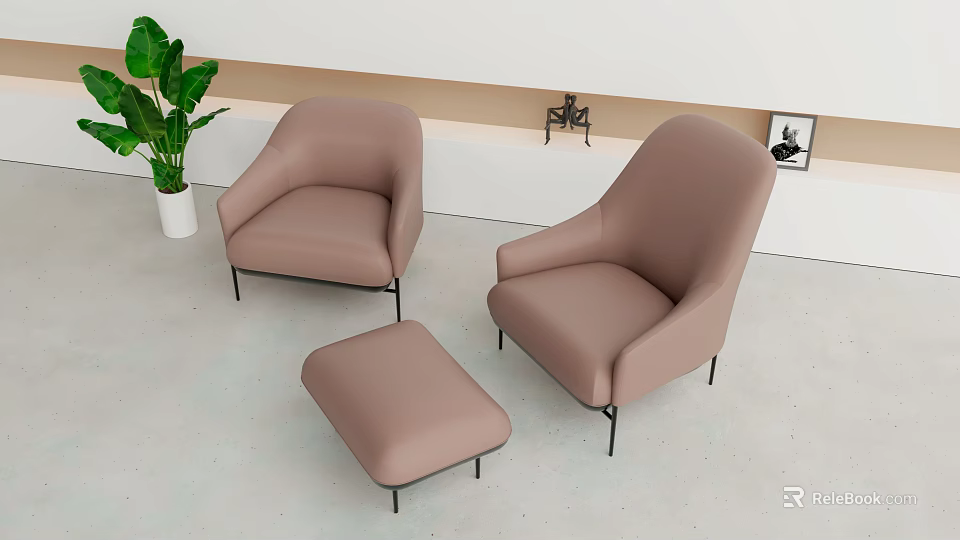 Beige Single Sofa with Black Metal Legs and Ottoman in Modern Interior with Green Plant 3d model 