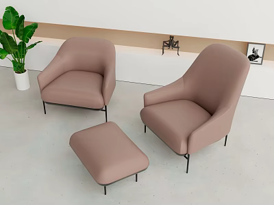Beige Single Sofa with Black Metal Legs and Ottoman in Modern Interior with Green Plant 3d model