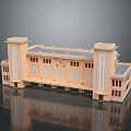 Classical Architectural Building Model with Symmetrical Towers Clock And Decorative Facade