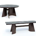 Modern Round Dining Table With Marble Top And Dark Legs Plus Matching Bench 3d model