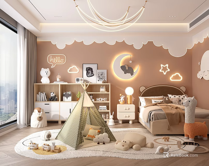 Cozy Kids Room Interior Design With Cloud Moon Stars Teepee Tent And Stuffed Animals 3d model 