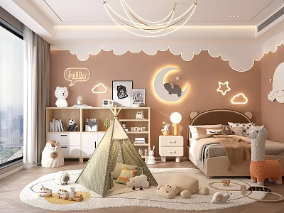 Cozy Kids Room Interior Design With Cloud Moon Stars Teepee Tent And Stuffed Animals 3d model