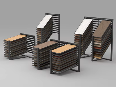 Sturdy Display Racks Organizing Multiple Wooden Panels With Various Colors And Materials 3d model