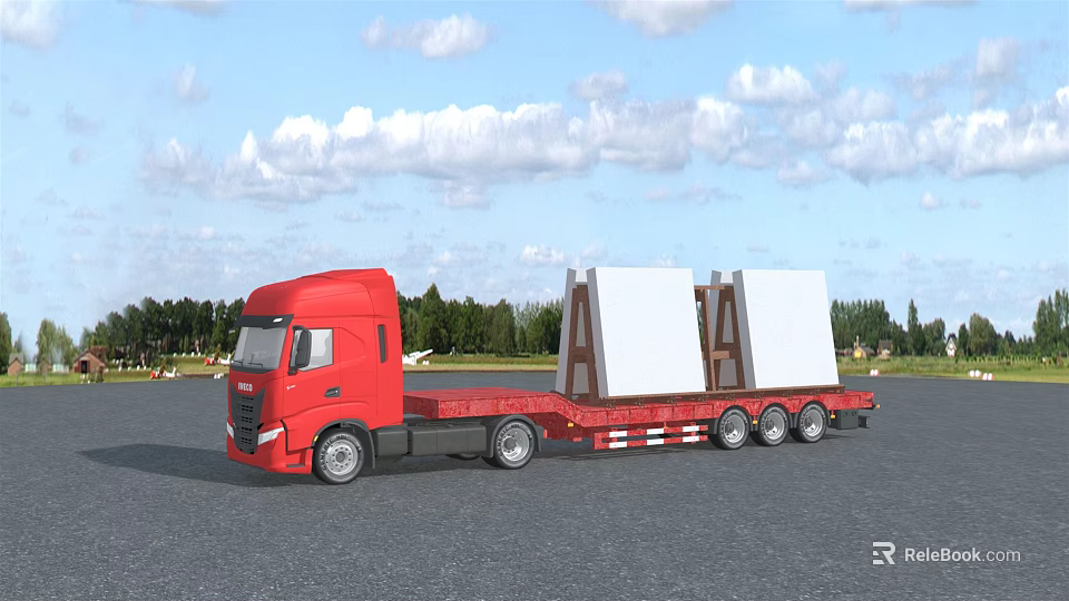 Red Flatbed Truck Carrying Large White Structures Under Blue Sky With Trees 3d model