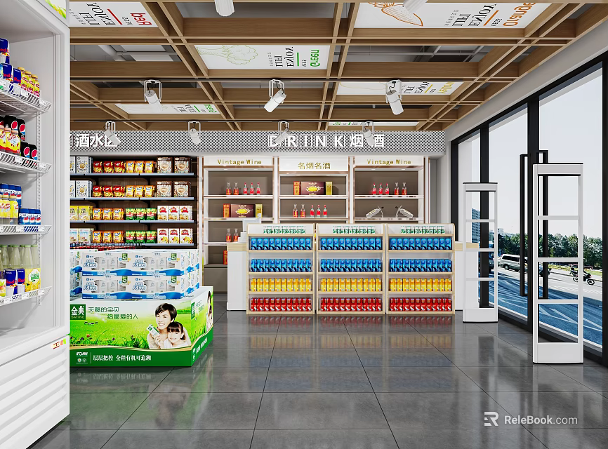 Well Stocked Supermarket Department Store With Shelves Beverages Dairy Products Wooden Ceiling And Windows 3d model 