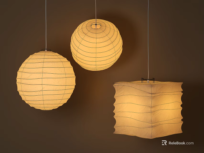 Cream Paper Pendant Lights In Different Shapes With Striped Wavy Design And Warm Light 3d model 