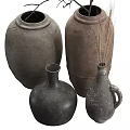 Decorative Rustic Clay Vases with Dried Branches and Grass in Various Sizes