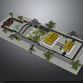 Traditional Chinese Courtyard Architecture With Yellow Roof Buildings Green Trees Pool And Stone Pavement