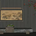 Modern Chinese Landscape Painting on Dark Wall with Marble Console Green Plants and Red Berries