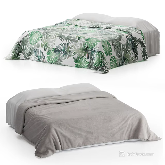 Modern Double Bed with Green Leaf Pattern and Gray Bedspreads Design 3d model 