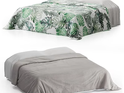 Modern Double Bed with Green Leaf Pattern and Gray Bedspreads Design 3d model