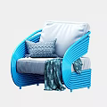 Blue Frame Single Chair With Light Gray Seat Geometric Pillow And Patterned Throw Blanket 3d model