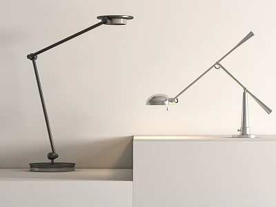 Modern Adjustable Arm Desk Lamps in Black and Silver Minimalist Design on White Tabletop 3d model
