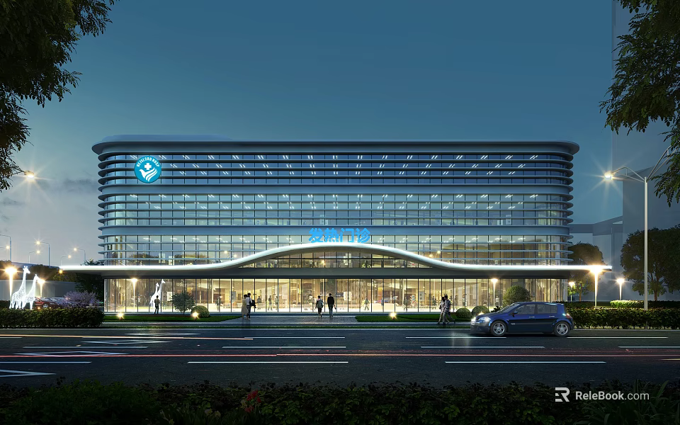 Modern Hospital Building With Glass Curtain Wall Blue Logo And Illuminated Entrance At Night 3d model 