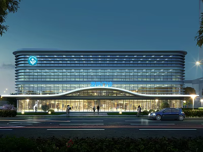 Modern Hospital Building With Glass Curtain Wall Blue Logo And Illuminated Entrance At Night 3d model