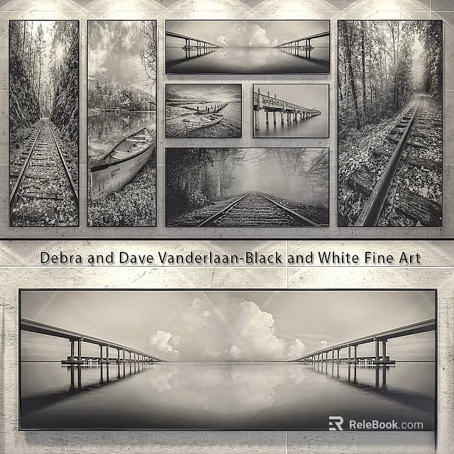 Black and White Fine Art Photo Frames Featuring Scenic Rail Bridge and Boat Artworks 3d model 