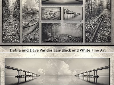 Black and White Fine Art Photo Frames Featuring Scenic Rail Bridge and Boat Artworks 3d model