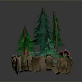 Miniature Forest Scene With Rocky Base Pine Trees Red Mushrooms And Stones