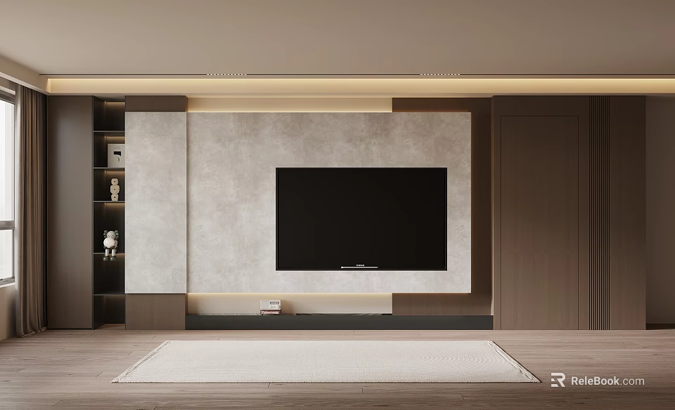Minimalist Modern TV Wall Interior With Built-in TV Light Gray Panel And Dark Wooden Cabinets 3d model 