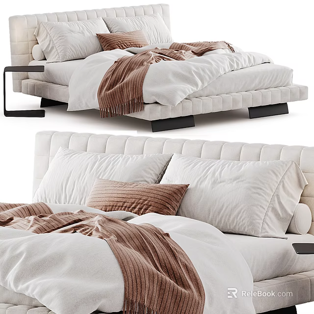 Cozy Modern Double Bed Interior With Soft Plush Pillows And Warm Knit Blanket Design 3d model 