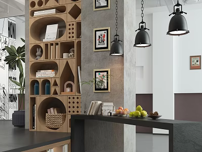 Stylish Modern Lounge Area With Creative Wooden Storage Shelves And Industrial Pendant Lights 3d model