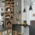 Stylish Modern Lounge Area With Creative Wooden Storage Shelves And Industrial Pendant Lights