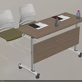 Mobile Office Desk With Wheels Two Water Bottles Notebooks And White Chairs With Green Cushions