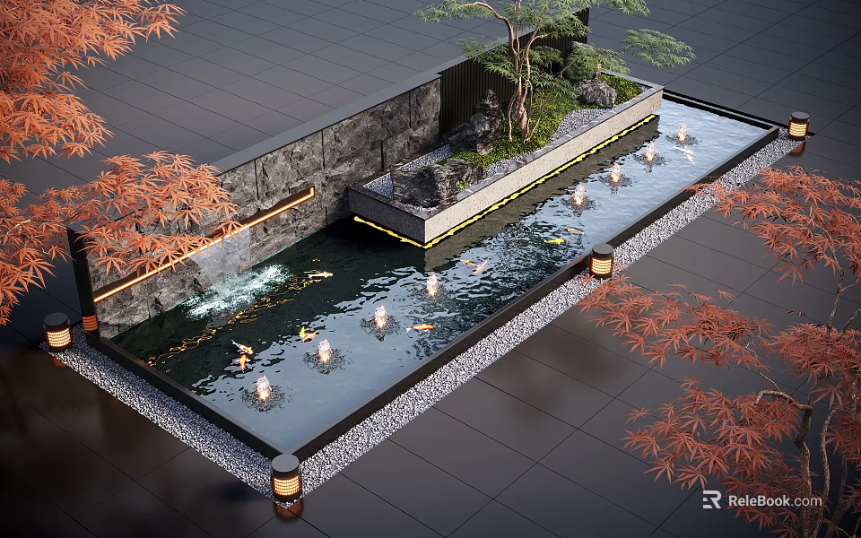 Tranquil Water Fountain With Stone Wall Lanterns Fish And Maple Trees 3d model 