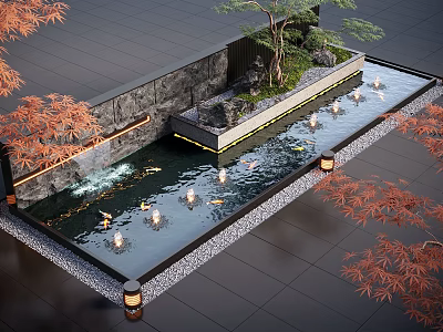 Tranquil Water Fountain With Stone Wall Lanterns Fish And Maple Trees 3d model