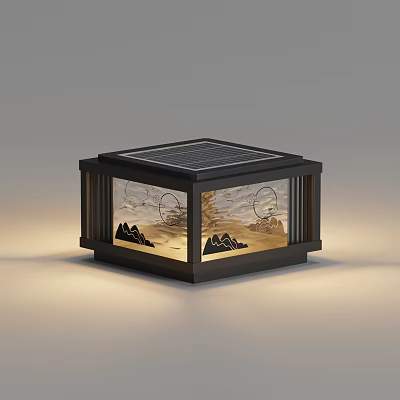 Solar Powered Outdoor Light With Black Frame Warm Yellow Glow And Mountain Moon Silhouette 3d model