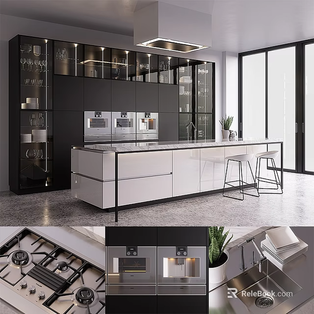 Modern Kitchen With Black And White Cabinets Island Counter And Stainless Steel Appliances 3d model 