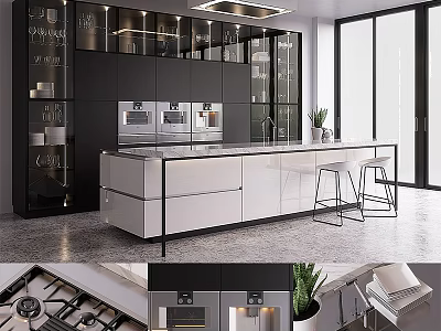 Modern Kitchen With Black And White Cabinets Island Counter And Stainless Steel Appliances 3d model